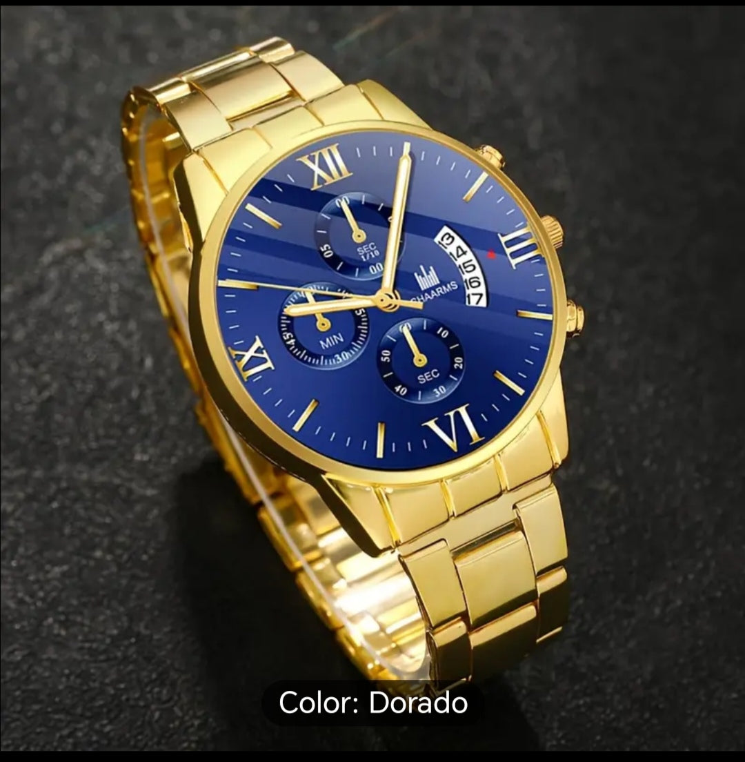 Combo 4pza Dorado: Reloj + Cordón con Medalla + Pulsera + Anillo