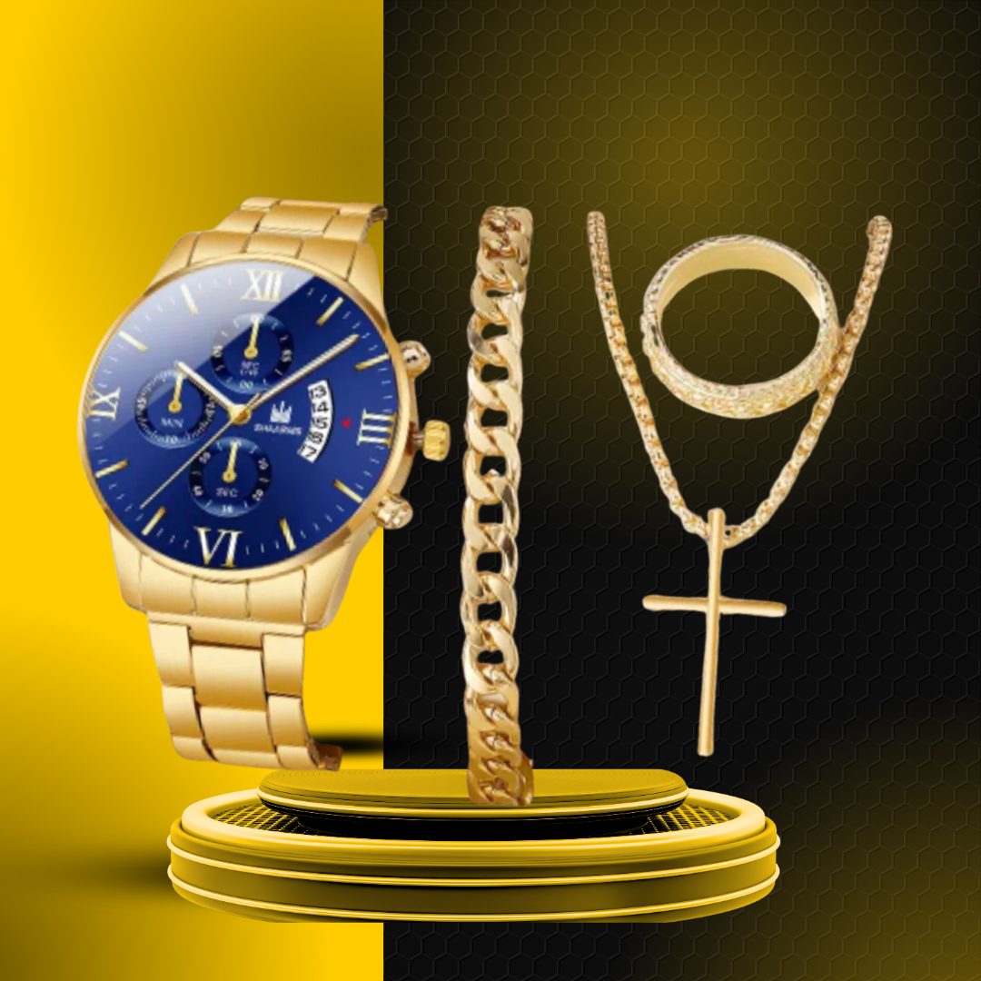 Combo 4pza Dorado: Reloj + Cordón con Medalla + Pulsera + Anillo